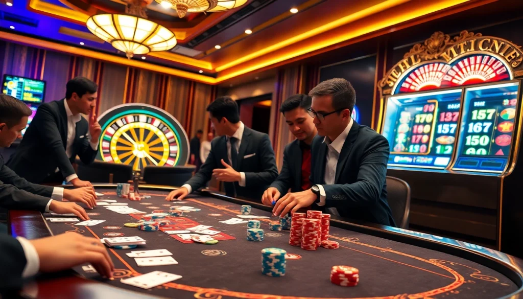 Experience the thrill of nhà cái gambling with a vibrant casino scene featuring poker tables and roulette wheels.