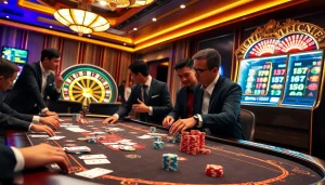Experience the thrill of nhà cái gambling with a vibrant casino scene featuring poker tables and roulette wheels.