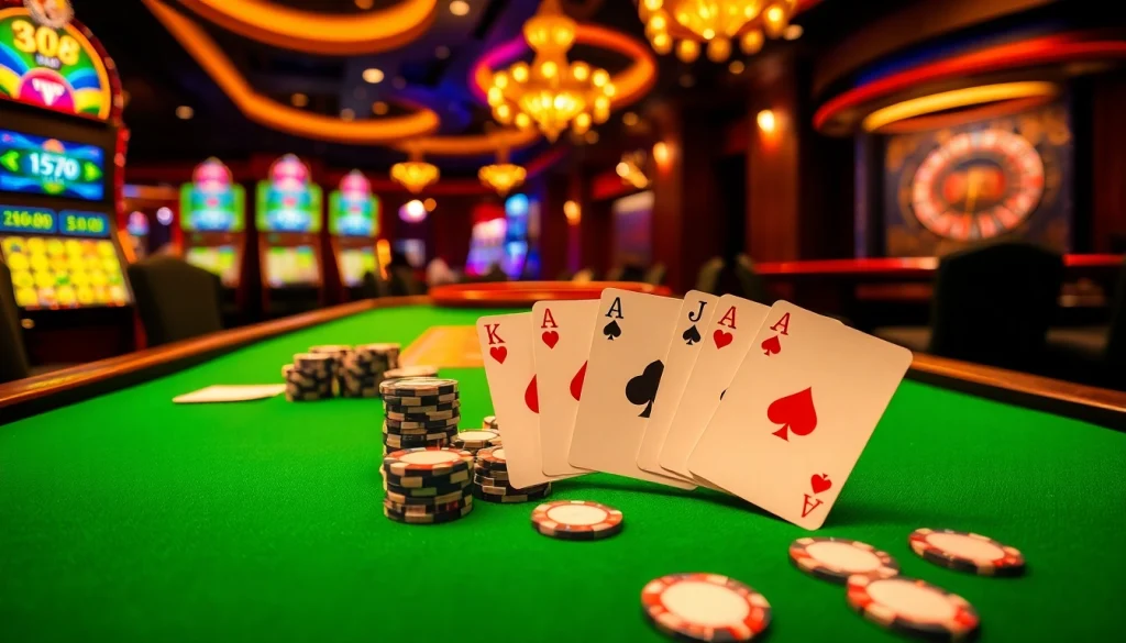 Players enjoying poker at a vibrant casino table featuring NK88 themed elements.