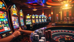 Players enjoying vibrant SLOT machines in a luxurious casino environment filled with excitement.