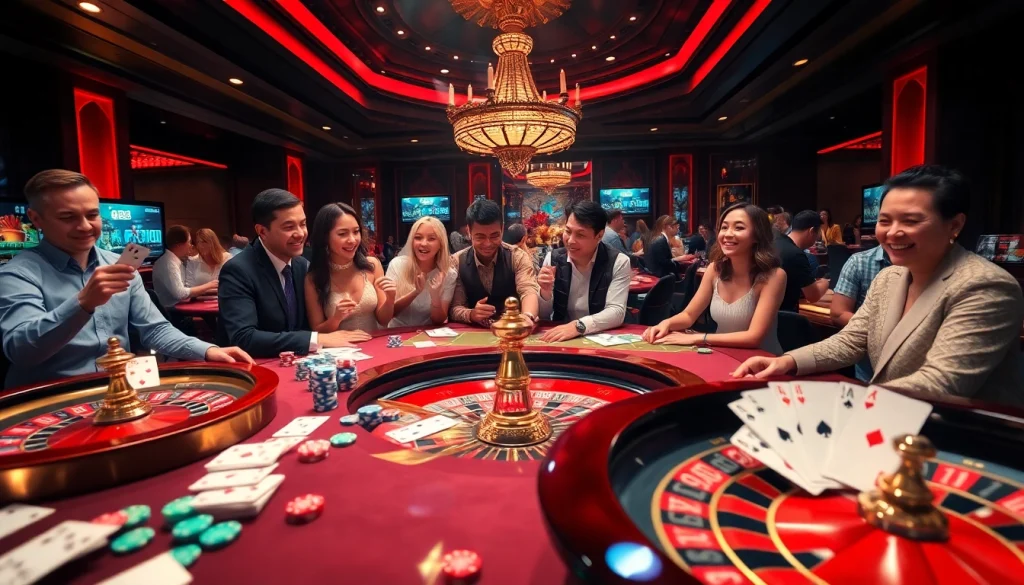 Exciting online gambling scene with pg88 nhà cái branding, showcasing casino games and engaged players.