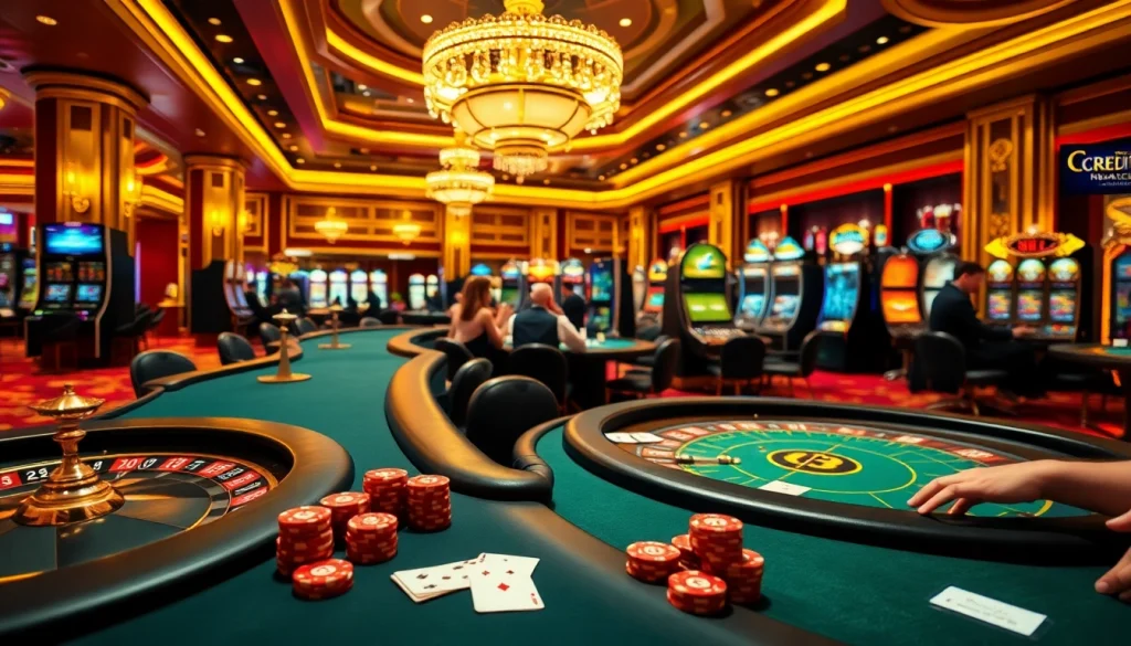 Players strategizing with poker chips while exploring credit nebancar options in a lively casino.