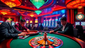 Experience the thrill of game bài đổi thưởng at a luxurious casino table with poker players.
