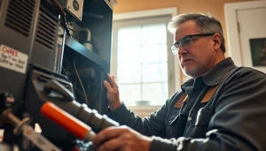 Technician conducting furnace repair south salem in a cozy home setting with warm lighting.