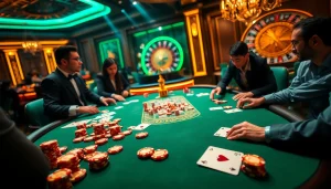 Players strategizing with poker chips and cards at a casino table, featuring s8 elements.