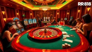 Experience the thrill of gambling at RR88's luxurious casino environment, featuring roulette and poker.