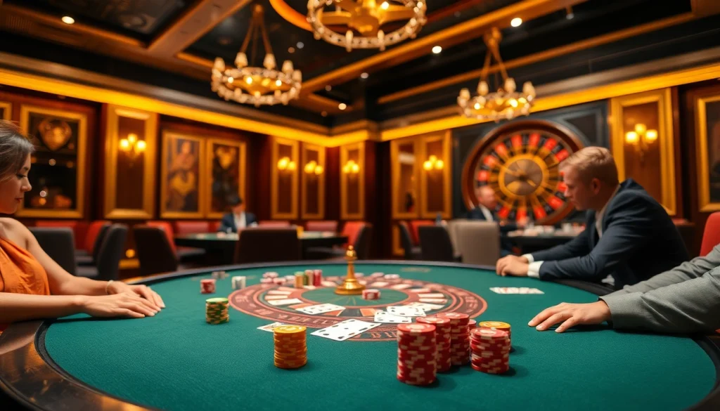 Playing poker at FLY88 featuring vibrant chips and high-quality cards in an elegant casino setting.