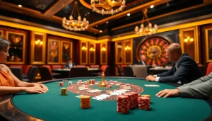 Playing poker at FLY88 featuring vibrant chips and high-quality cards in an elegant casino setting.