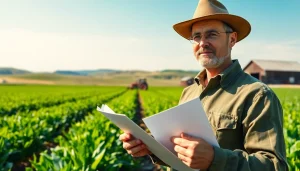 Advocating for agricultural law with a farmer holding legal documents in a lush field.
