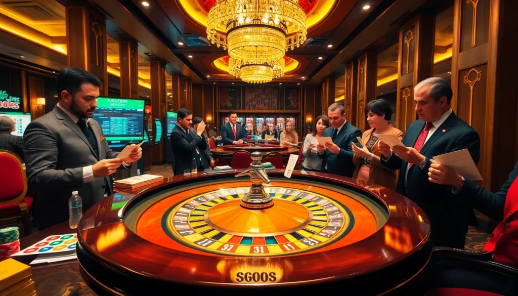 Engaging casino scene showcasing sbobet betting excitement with a professional dealer at the roulette table.
