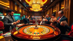 Engaging casino scene showcasing sbobet betting excitement with a professional dealer at the roulette table.