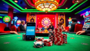 Enter the thrilling world of GG88 with players at a high-stakes poker table illuminated by neon lights.