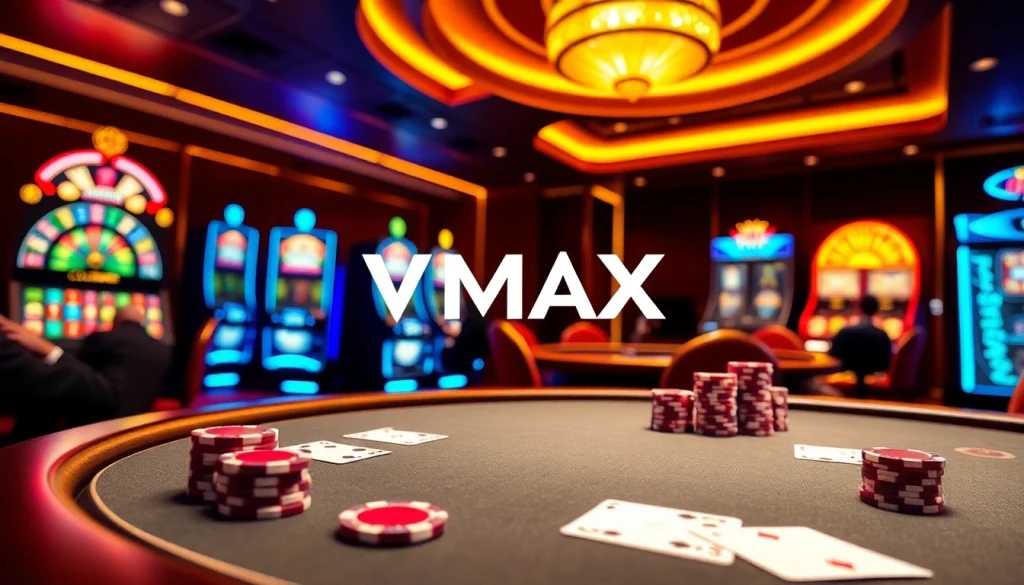 VMAX casino scene with poker table, cards, and vibrant slot machines creating excitement.