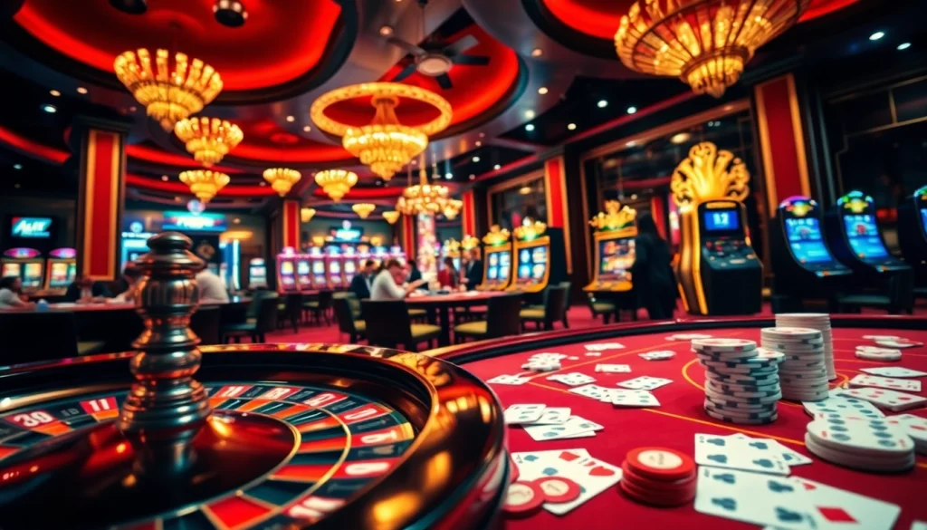 Exciting casino gaming scene featuring tg88-themed elements like vibrant slot machines and poker tables.