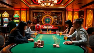 Players enjoying a thrilling poker game at 68 Game Bài with vibrant casino elements.