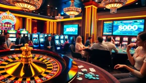 SODO Casino players engaged in a thrilling roulette game, surrounded by vibrant slot machines.