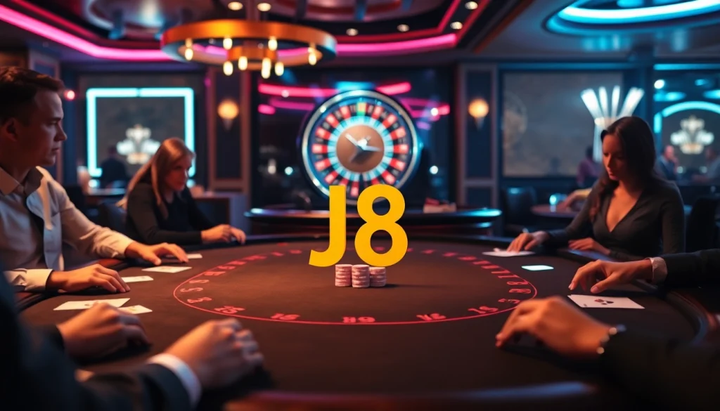 Experience the thrill of J8 poker play at a luxurious casino table with vibrant chips.