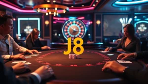 Experience the thrill of J8 poker play at a luxurious casino table with vibrant chips.