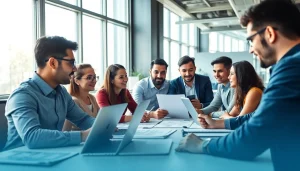 Team working collaboratively on innovative solutions using 1cplatform in a bright office.