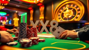 Players engaging in a thrilling poker game with stacks of chips at the luxurious XX88 casino.