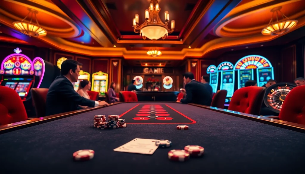 Action-packed gaming scene at nhà cái x88 featuring poker players, roulette wheel, and slot machines.