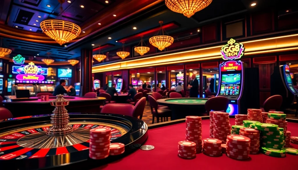 Players enjoying exciting games at GG88 Tech casino, showcasing vibrant slot machines and roulette.