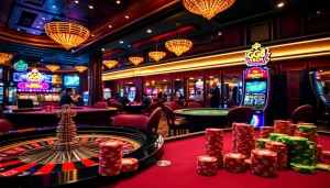 Players enjoying exciting games at GG88 Tech casino, showcasing vibrant slot machines and roulette.