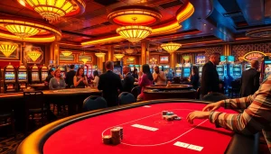 Engage with the excitement of MV66 in a luxurious casino setting featuring vibrant gaming tables and patrons.
