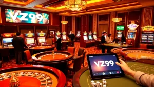 Experience the thrill of VZ99 at a glamorous casino with lively poker tables and luxurious decor.