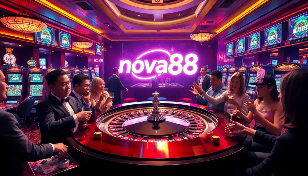 Experience the excitement at nova88's spectacular casino with vibrant roulette and players.