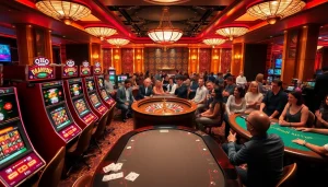 Players enjoying vibrant slot machines at oxplay casino, celebrating wins and excitement.