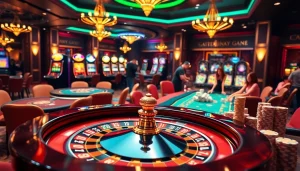 Casino atmosphere showcasing a roulette table and poker games at https://kkwin.life/ with vibrant colors and excitement.