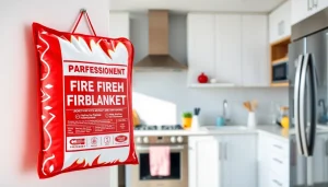 Fire blanket prominently displayed in a modern kitchen for safety and readiness.