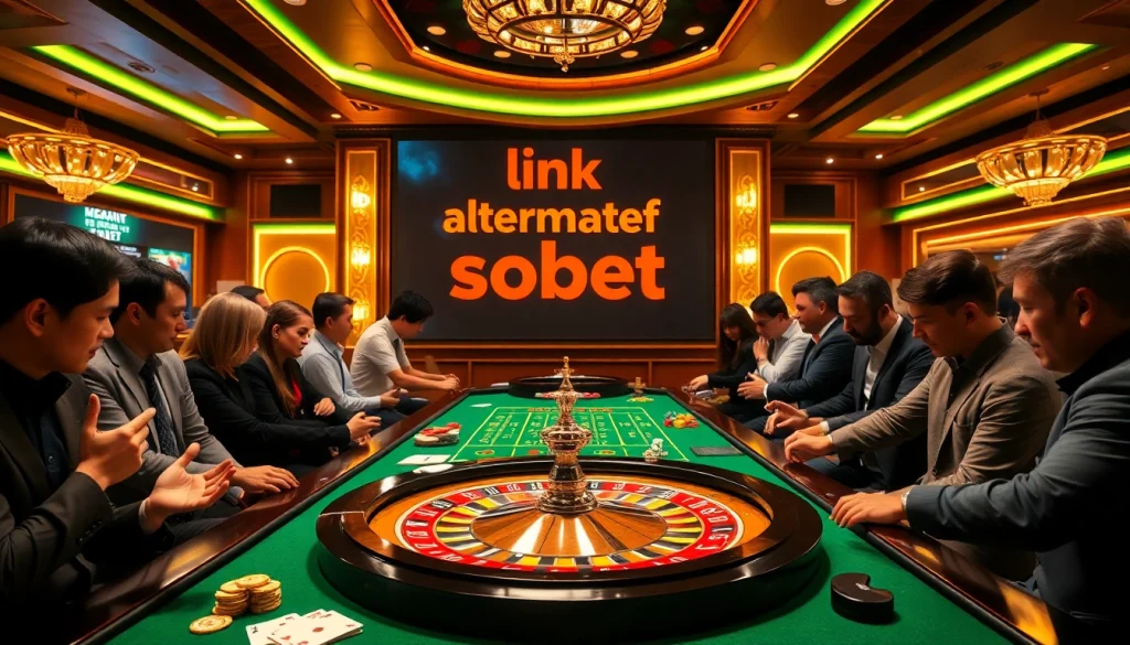 Engaging moment at a casino table illustrating link alternatif sbobet with vibrant poker chips and cards.