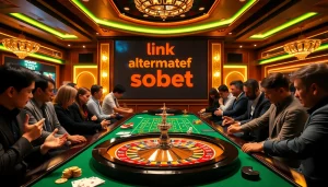 Engaging moment at a casino table illustrating link alternatif sbobet with vibrant poker chips and cards.