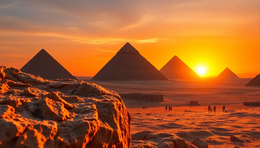 Tourists marveling at the ancient piraminds of Giza at sunset.