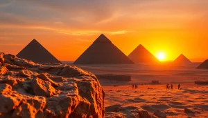 Tourists marveling at the ancient piraminds of Giza at sunset.