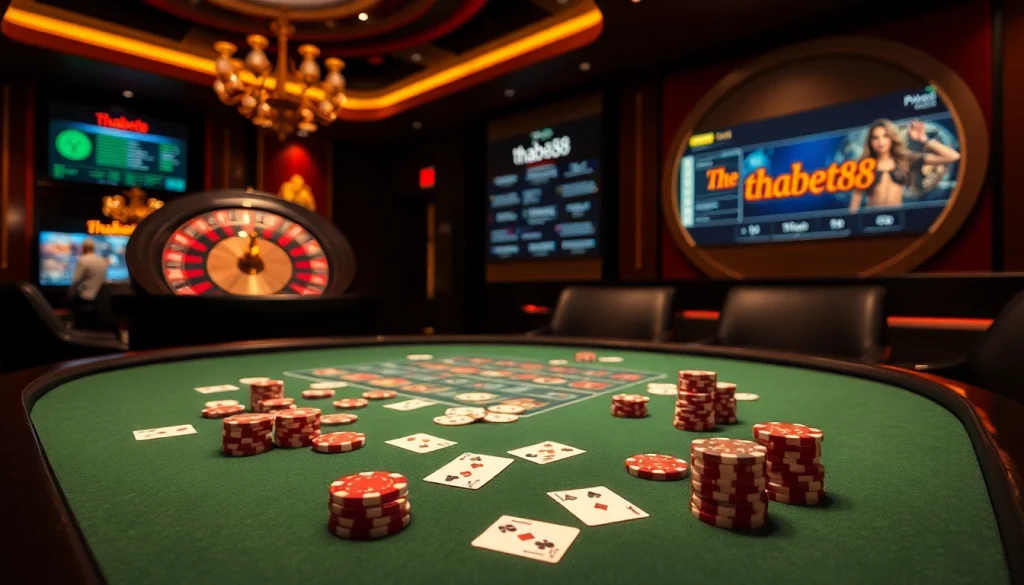 Experience high-stakes gaming action at thabet88 with poker chips, cards, and a vibrant casino atmosphere.