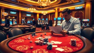 XSMB247 offers a thrilling casino experience featuring poker chips and a roulette wheel.