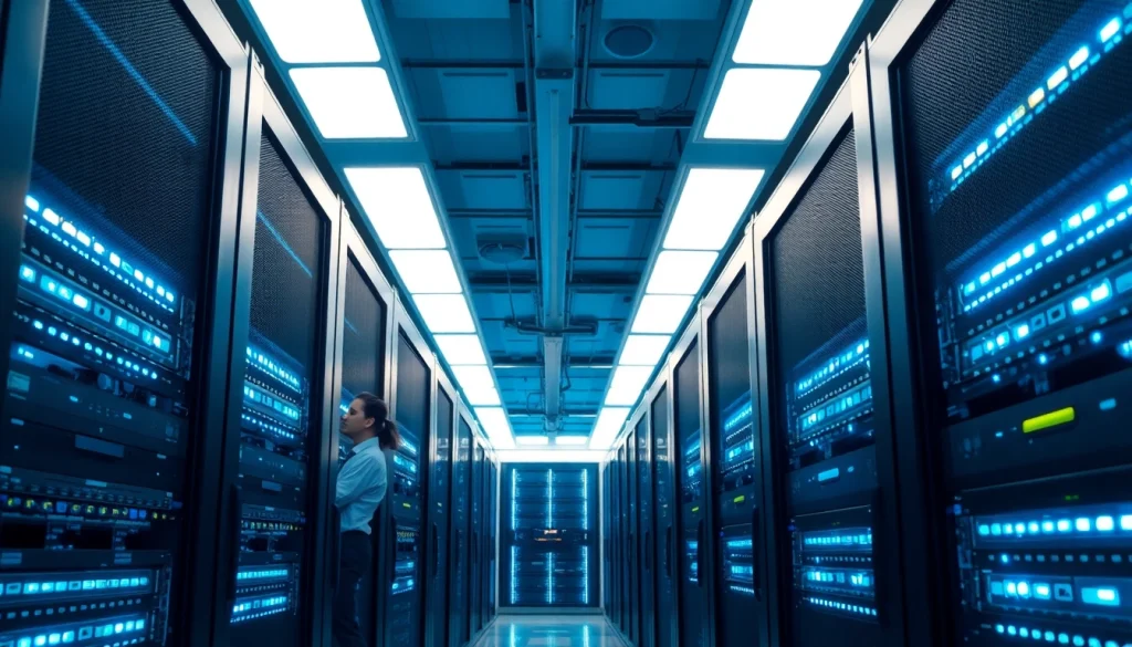 Streamlined server room at https://aminserve.com showcasing high-performance technology and maintenance.