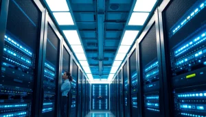 Streamlined server room at https://aminserve.com showcasing high-performance technology and maintenance.