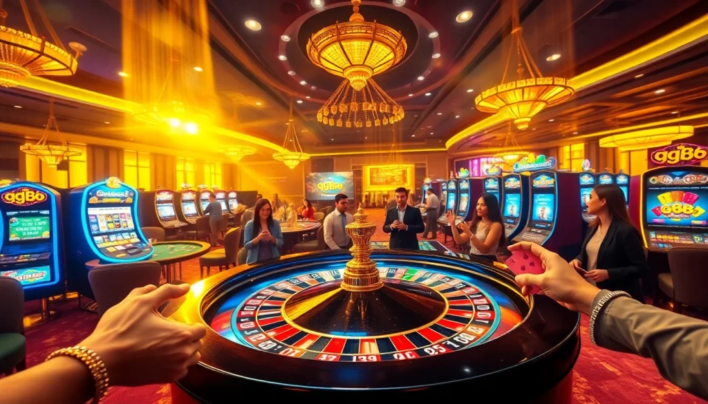 Players enjoying a thrilling game at a gg88 casino with colorful roulette and slot machines.