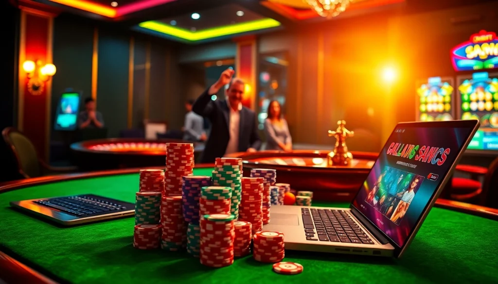 Experience the excitement of meilleur casino en ligne with vibrant poker chips and dealers at the table.