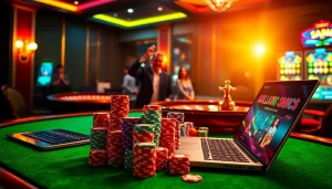 Experience the excitement of meilleur casino en ligne with vibrant poker chips and dealers at the table.