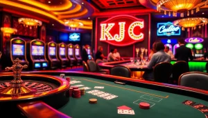 KJC poker players engaging at a lively casino table with vibrant chips and cards.