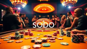 SODO casino players enjoying a vibrant gaming session with poker chips and roulette wheel.
