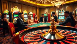 Players engaging at a vibrant 555win casino table, showcasing poker and excitement