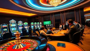 Gamblers enjoy the luxury of Nhà Cái DA88 in a vibrant casino setting featuring roulette and poker tables.