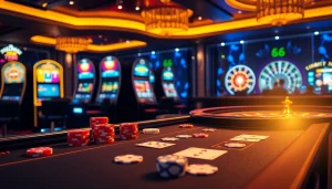 Experience high-stakes gambling with TT88 at a luxurious casino table featuring cards and chips.