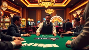 Engaging casino scene at EV88 3676 with poker players, roulette wheel, and vibrant decor.